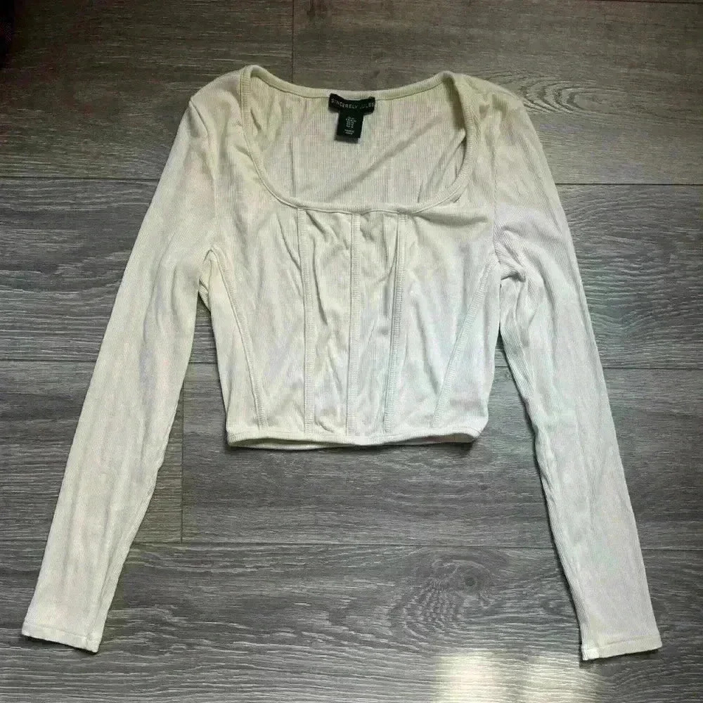 Sincerely Jules Cream Long Sleeve Ribbed Crop Top with Boning Size M